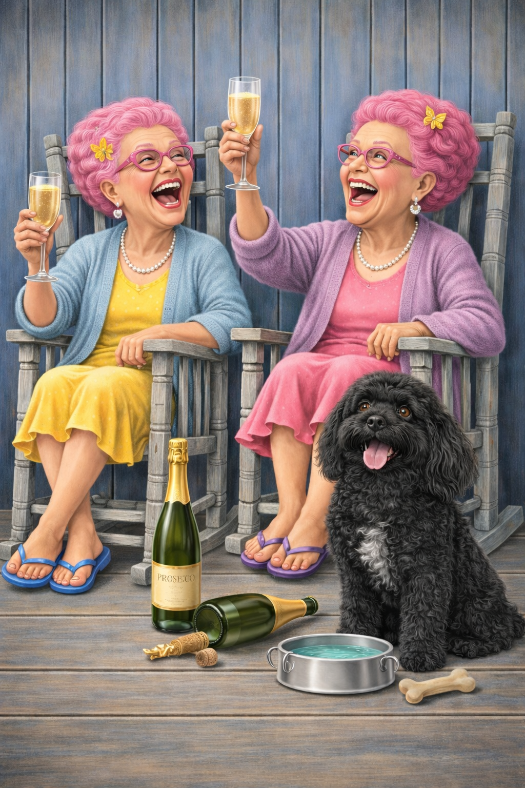 Funny Dog Print – Prosecco Grannies & Dog | Humorous Pet Artwork | Gift for Dog Lover | A3 Wall Art