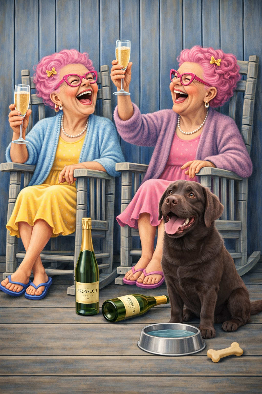 Funny Dog Print – Prosecco Grannies & Dog | Humorous Pet Artwork | Gift for Dog Lover | A3 Wall Art
