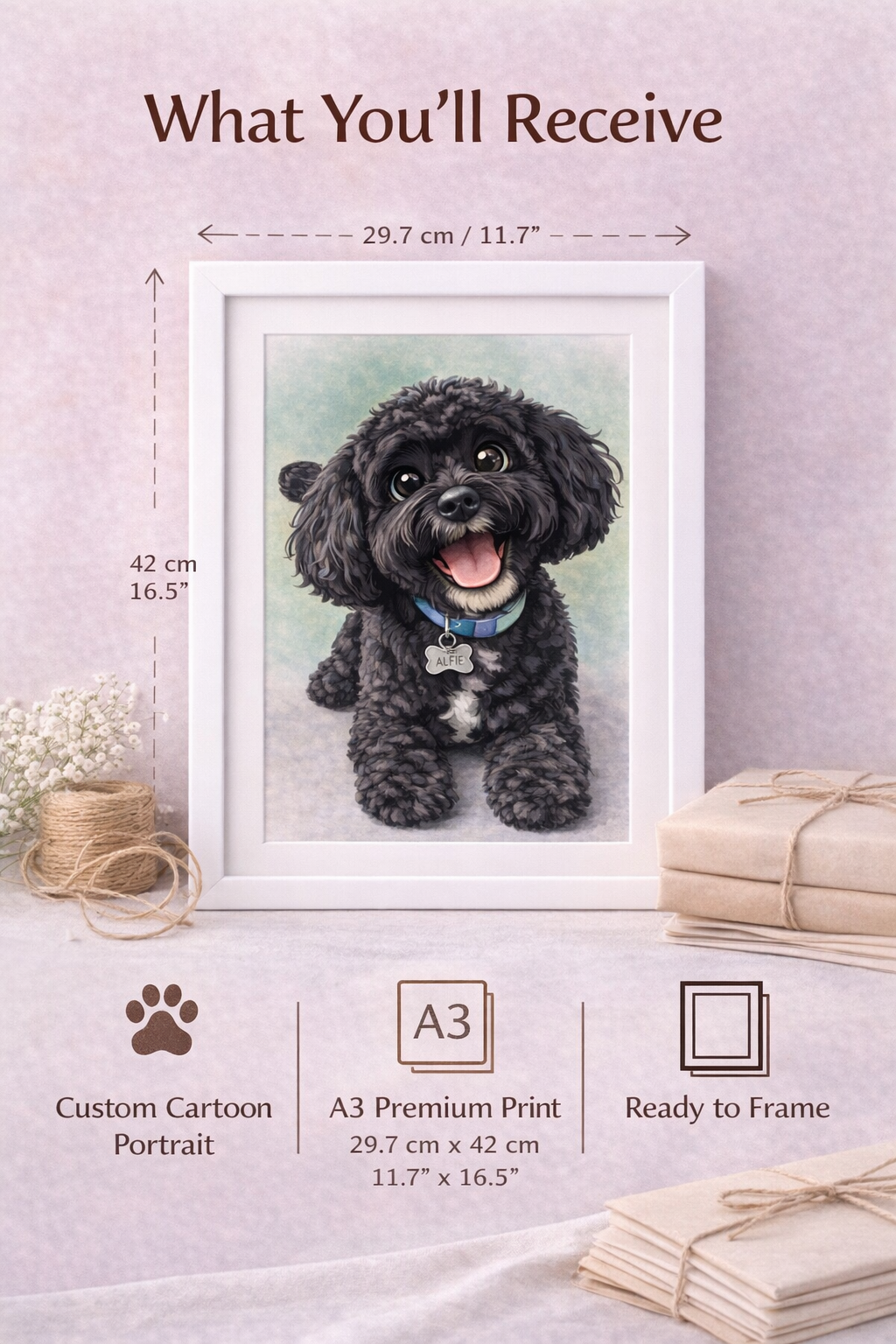 Cartoon Pet Portrait from Photo | Funny Dog Caricature Print | Personalised Pet Gift | Custom Dog Portrait | A3 Wall Art Gift