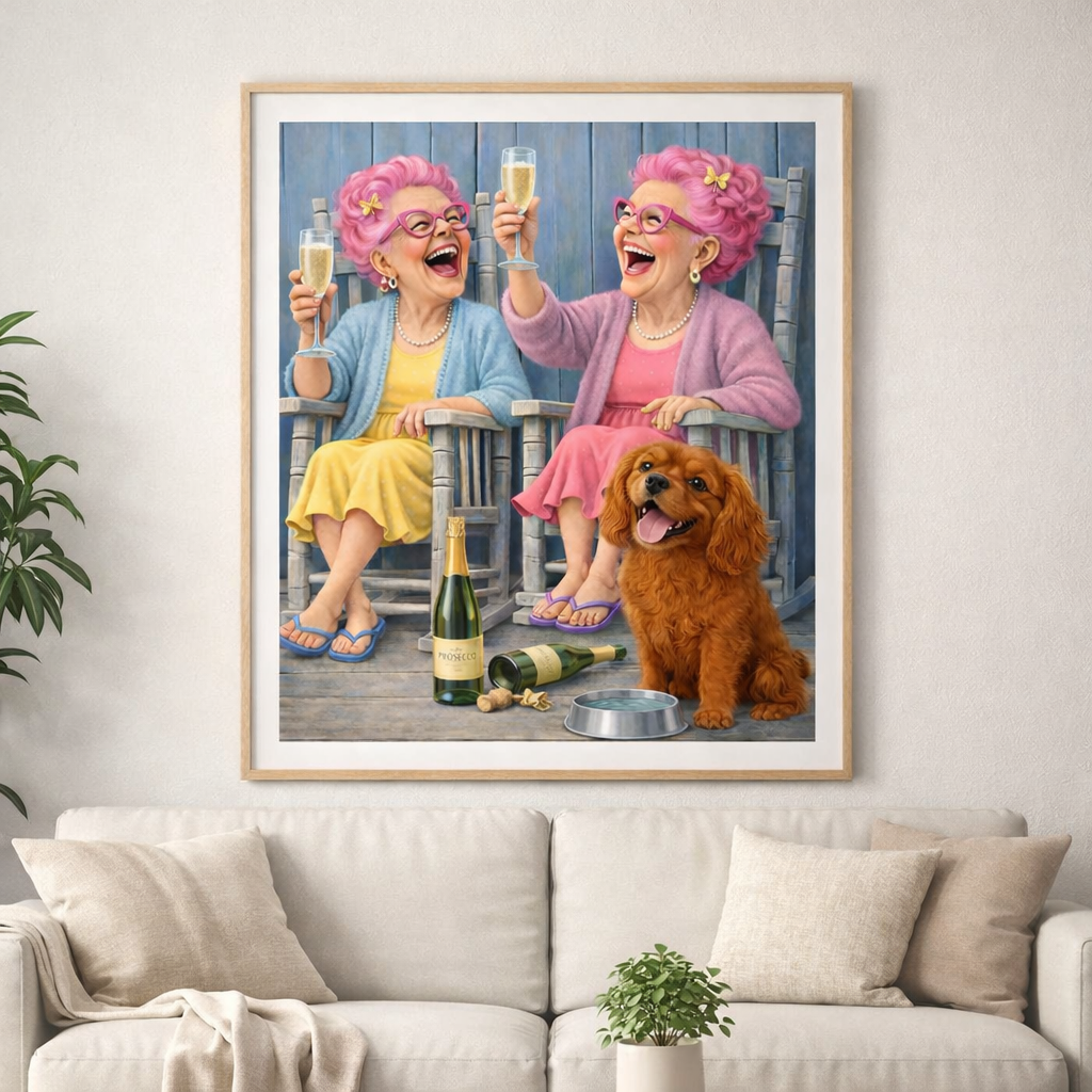 Funny Dog Print – Prosecco Grannies & Dog | Humorous Pet Artwork | Gift for Dog Lover | A3 Wall Art