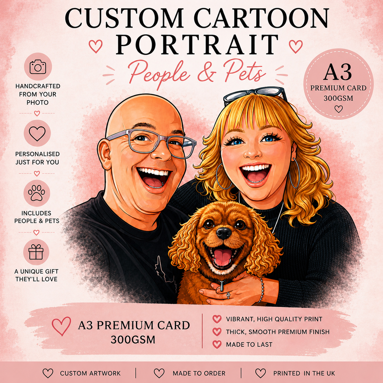 Personalised Cartoon Avatar Portrait | Couple & Pet Illustration from Photo | Funny Custom Pet Portrait | Unique Gift Idea | A3 Print