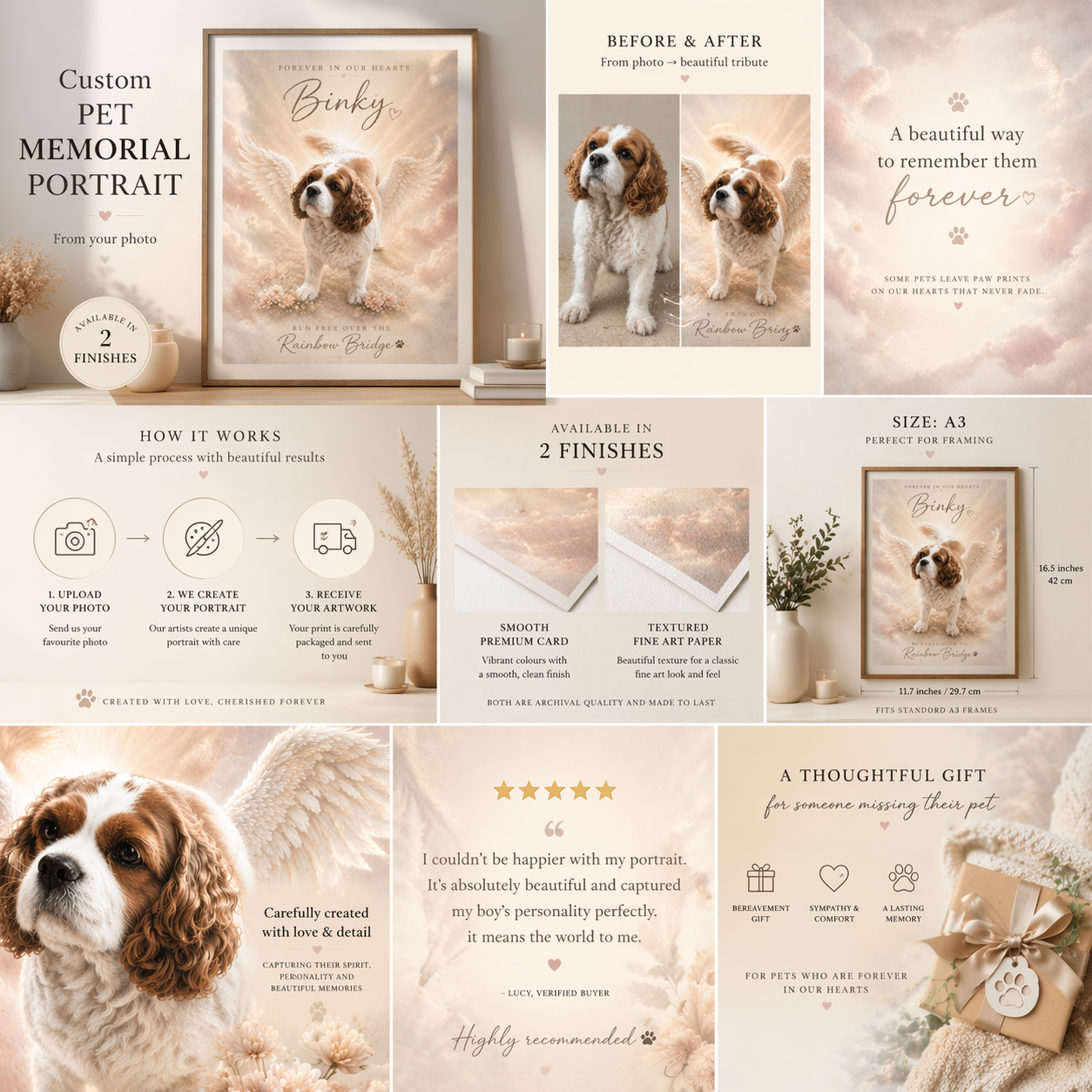 Custom Pet Memorial Portrait – Personalised Dog Loss Remembrance Print | Rainbow Bridge Keepsake | A3 Pet Tribute Artwork