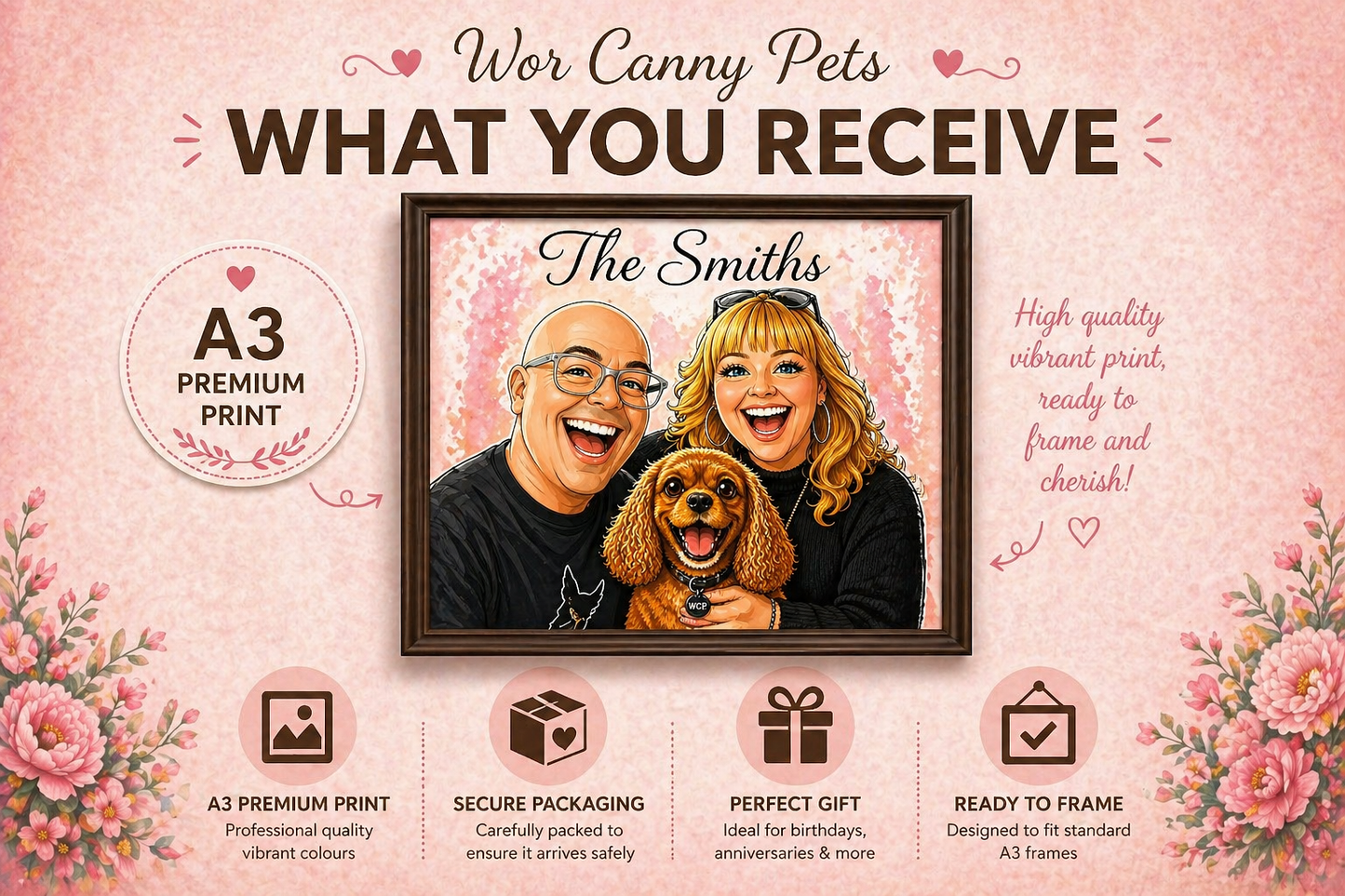 Personalised Cartoon Avatar Portrait | Couple & Pet Illustration from Photo | Funny Custom Pet Portrait | Unique Gift Idea | A3 Print
