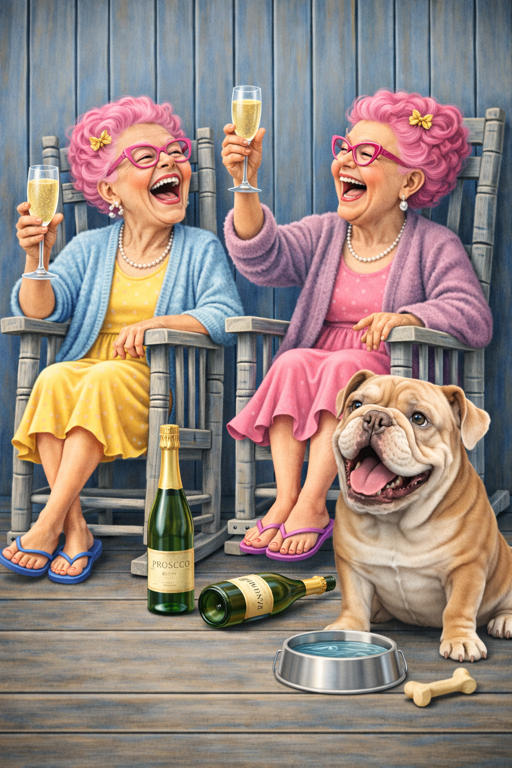 Funny Dog Print – Prosecco Grannies & Dog | Humorous Pet Artwork | Gift for Dog Lover | A3 Wall Art
