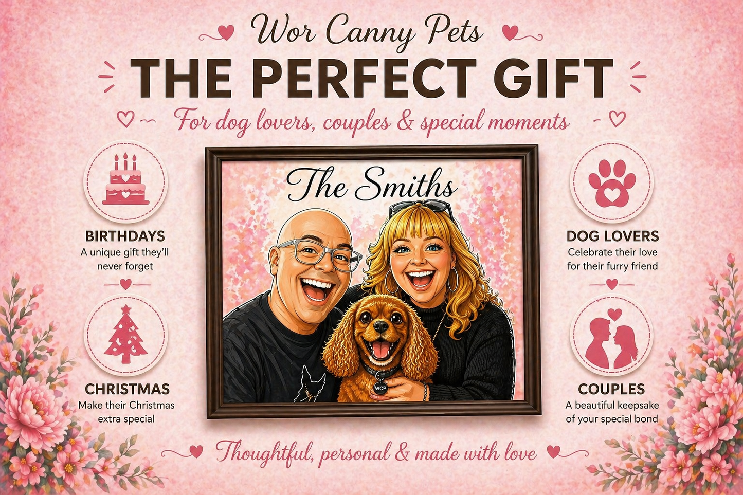 Personalised Cartoon Avatar Portrait | Couple & Pet Illustration from Photo | Funny Custom Pet Portrait | Unique Gift Idea | A3 Print