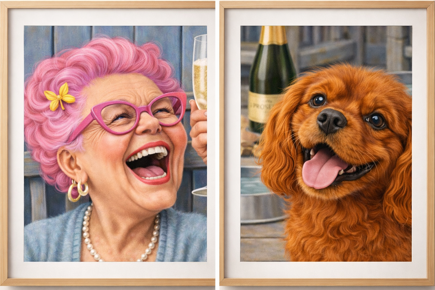 Funny Dog Print – Prosecco Grannies & Dog | Humorous Pet Artwork | Gift for Dog Lover | A3 Wall Art