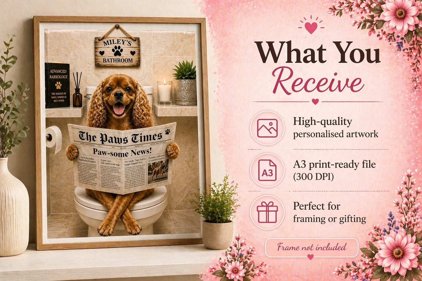 Funny Dog Toilet Print – Personalised A3 Wall Art - Photo to Art - Custom Portrait