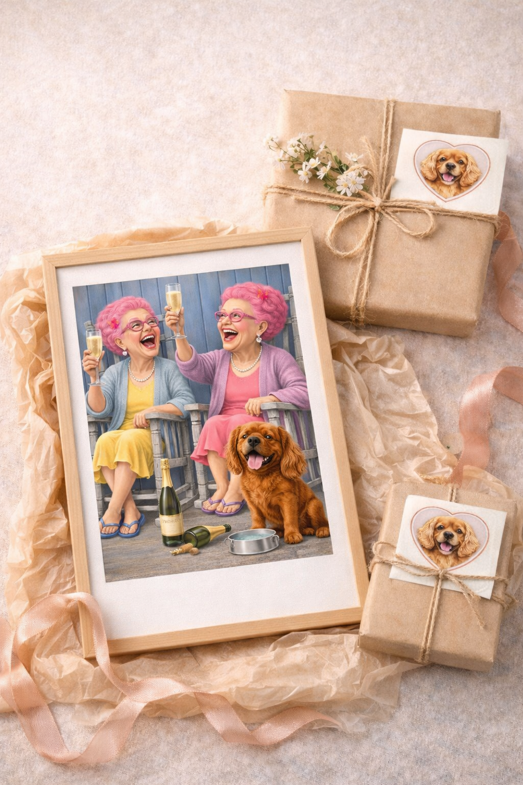 Funny Dog Print – Prosecco Grannies & Dog | Humorous Pet Artwork | Gift for Dog Lover | A3 Wall Art