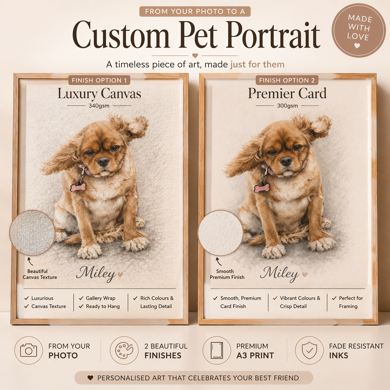 Custom Pet Portrait – Personalised Dog Print from Photo – A3 Wall Art-Colour or Black & White