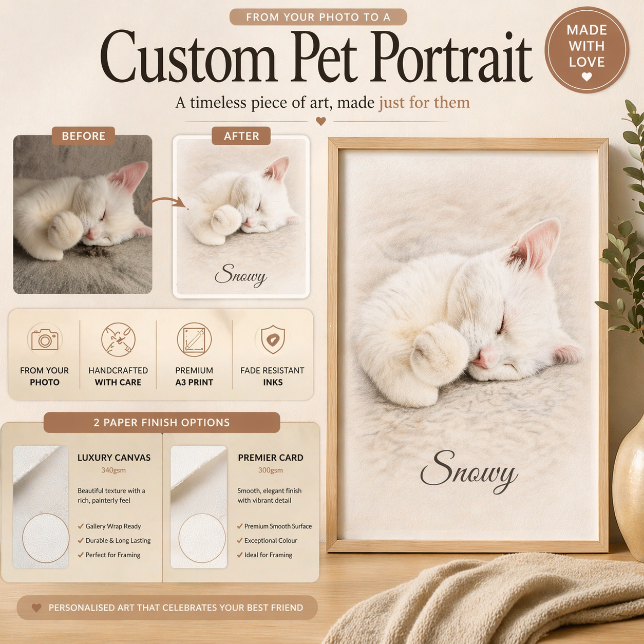 Custom Pet Portrait – Personalised Dog Print from Photo – A3 Wall Art-Colour or Black & White