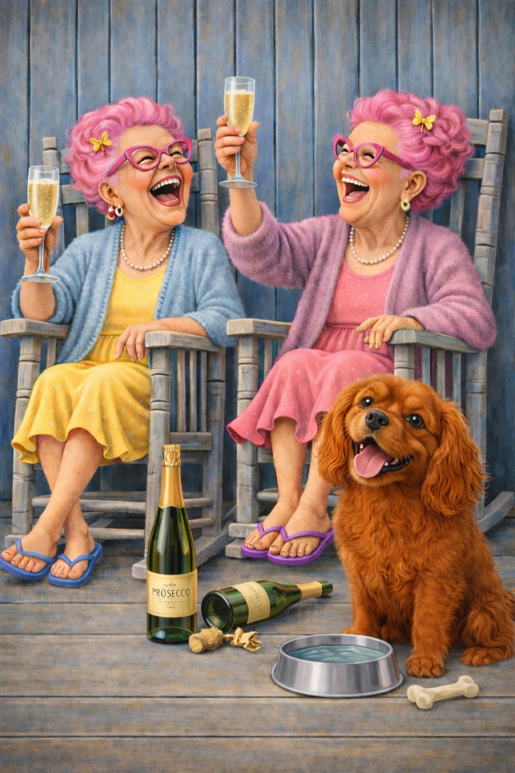 Funny Dog Print – Prosecco Grannies & Dog | Humorous Pet Artwork | Gift for Dog Lover | A3 Wall Art