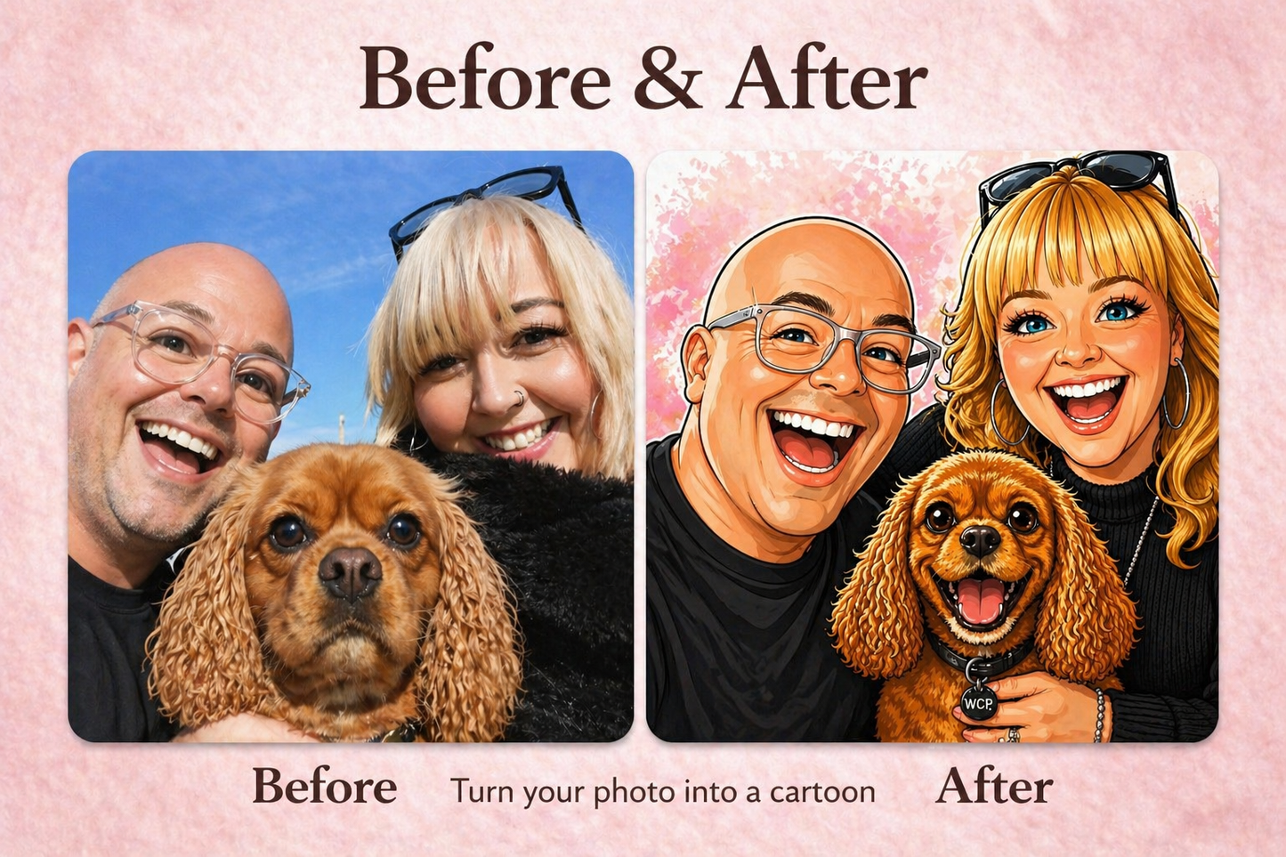 Personalised Cartoon Avatar Portrait | Couple & Pet Illustration from Photo | Funny Custom Pet Portrait | Unique Gift Idea | A3 Print