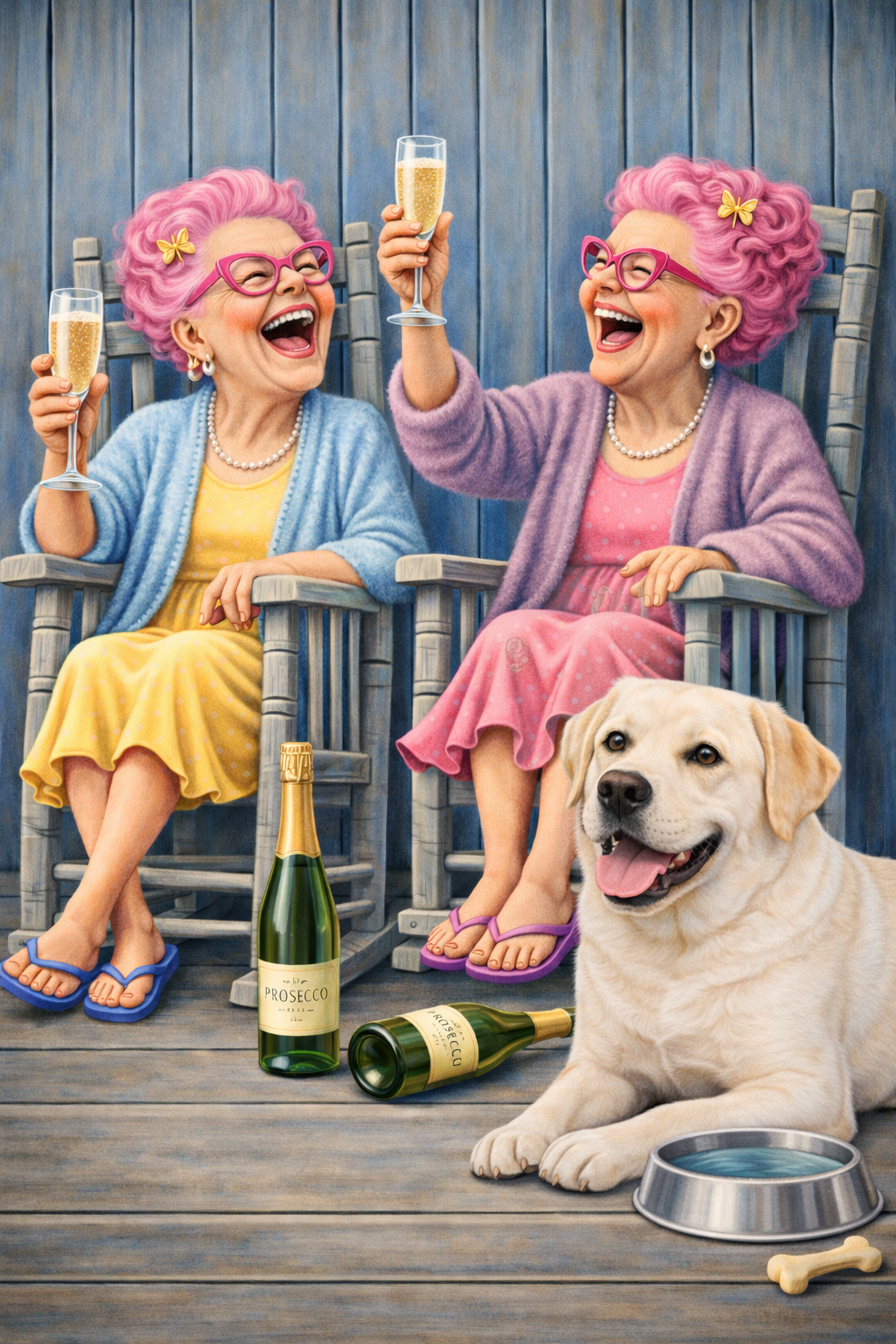 Funny Dog Print – Prosecco Grannies & Dog | Humorous Pet Artwork | Gift for Dog Lover | A3 Wall Art
