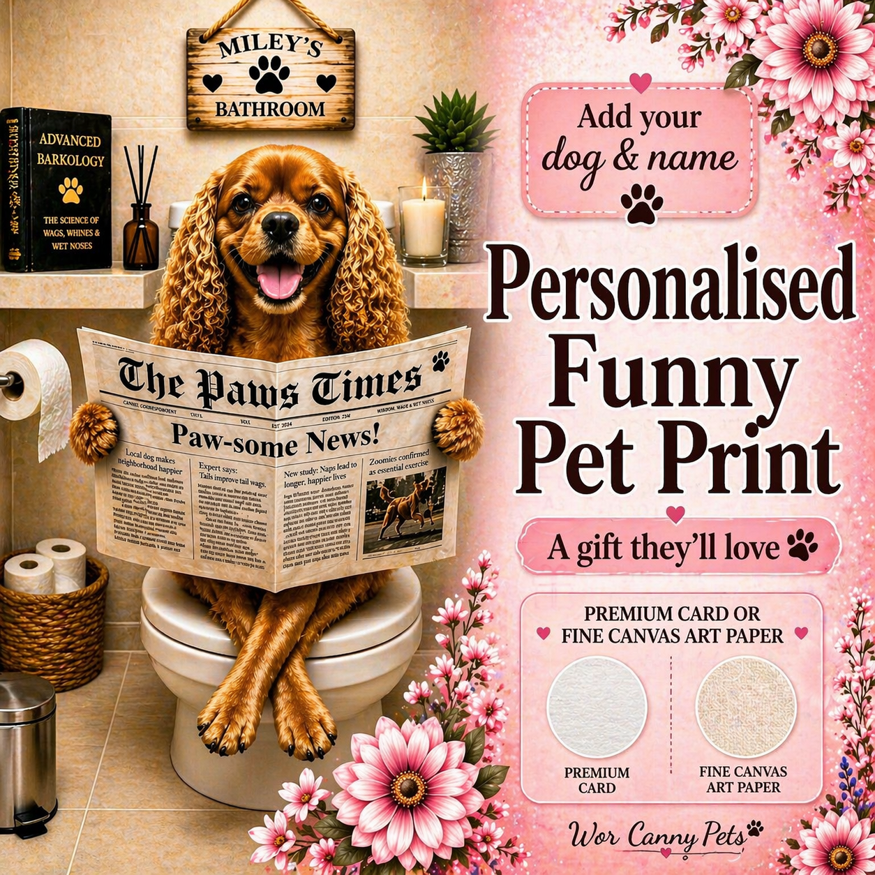 Funny Dog Toilet Print – Personalised A3 Wall Art - Photo to Art - Custom Portrait