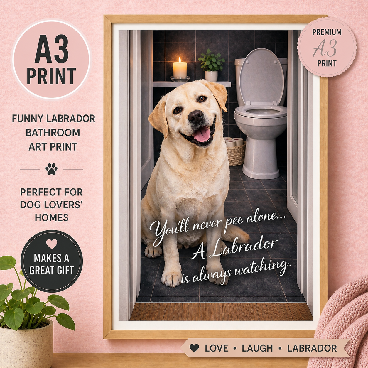 You’ll Never Pee Alone Dog Print – Funny Bathroom Wall Art – Gift for Dog Lovers