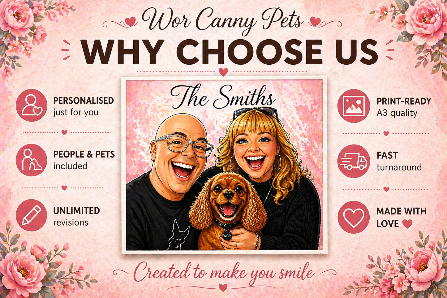 Personalised Cartoon Avatar Portrait | Couple & Pet Illustration from Photo | Funny Custom Pet Portrait | Unique Gift Idea | A3 Print