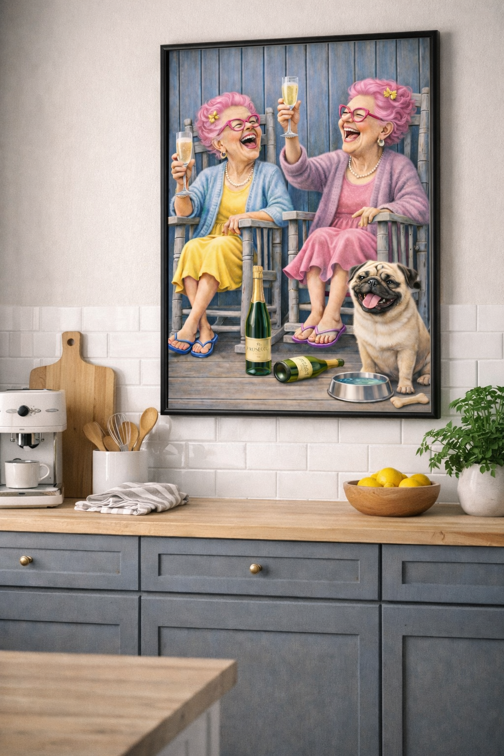 Funny Dog Print – Prosecco Grannies & Dog | Humorous Pet Artwork | Gift for Dog Lover | A3 Wall Art