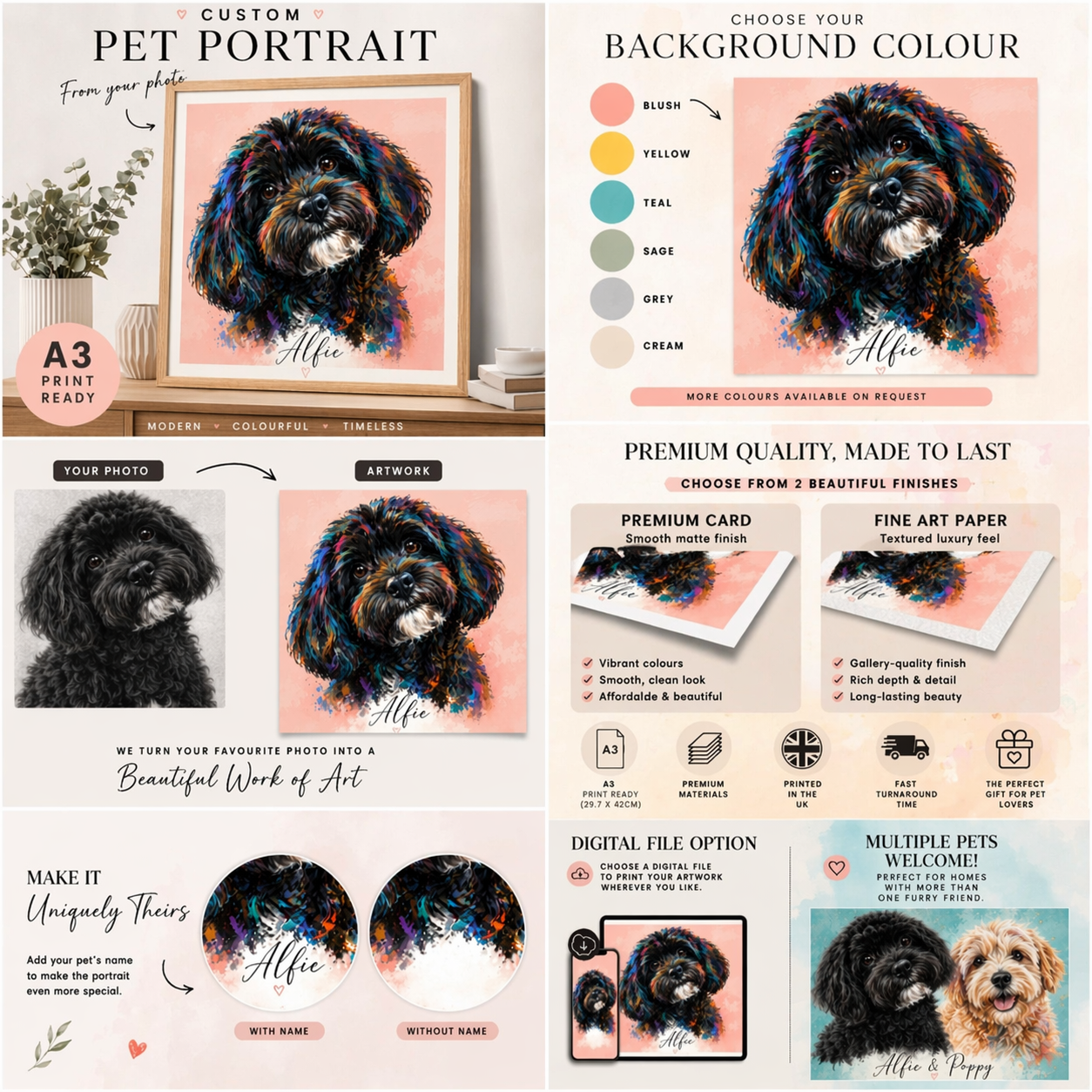 Custom Pet Portrait from Photo – Colour Pop Style | Vibrant Dog Artwork | Personalised Pet Print | Modern Wall Art | A3