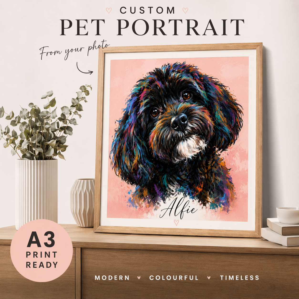 Custom Pet Portrait from Photo – Colour Pop Style | Vibrant Dog Artwork | Personalised Pet Print | Modern Wall Art | A3