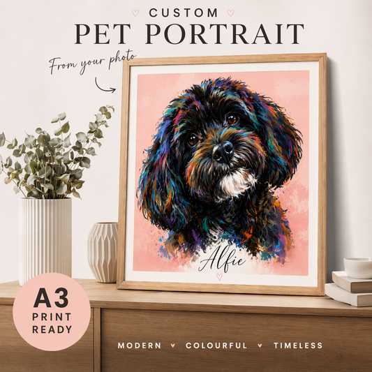 Custom Pet Portrait from Photo – Colour Pop Style | Vibrant Dog Artwork | Personalised Pet Print | Modern Wall Art | A3