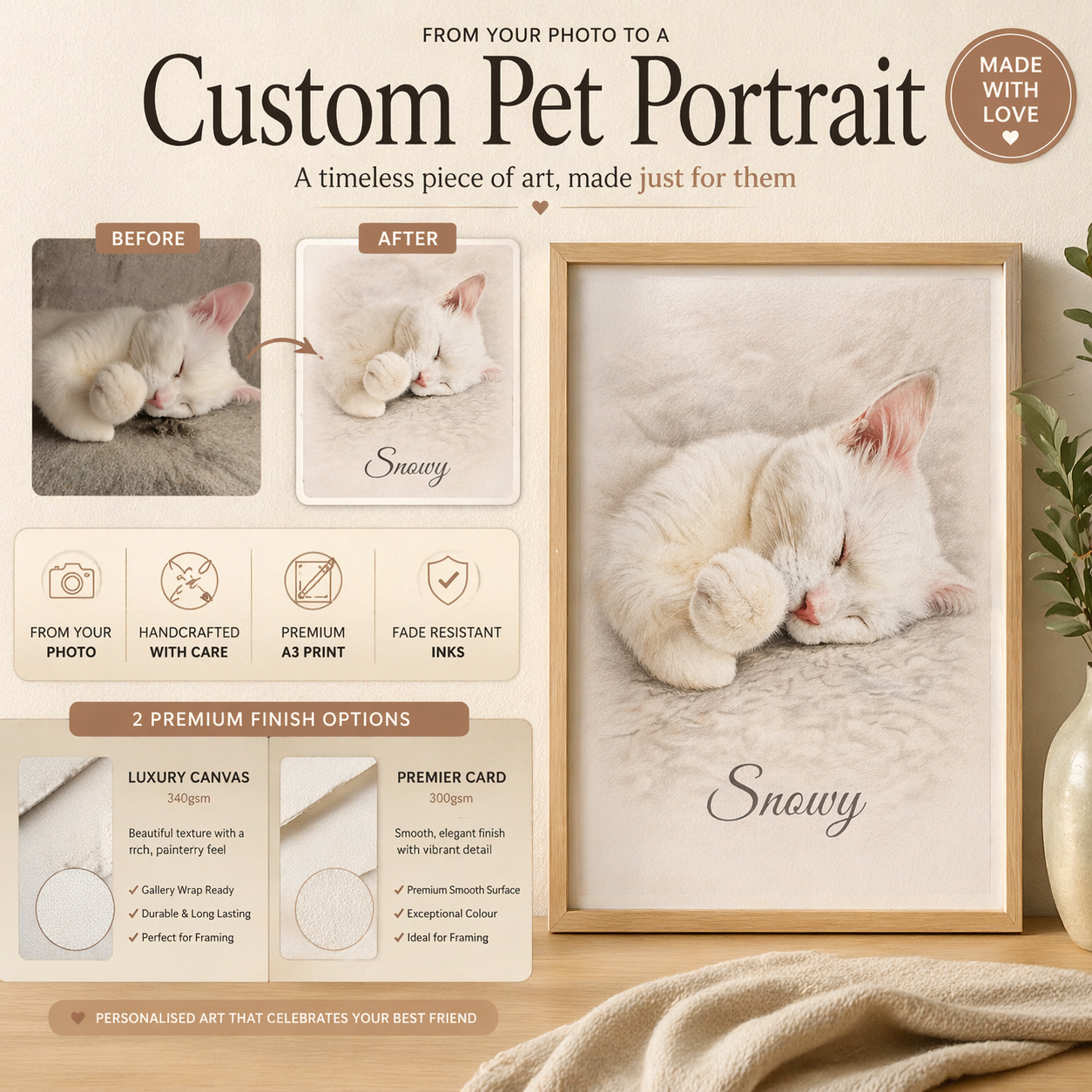 Custom Pet Portrait – Personalised Dog Print from Photo – A3 Wall Art-Colour or Black & White