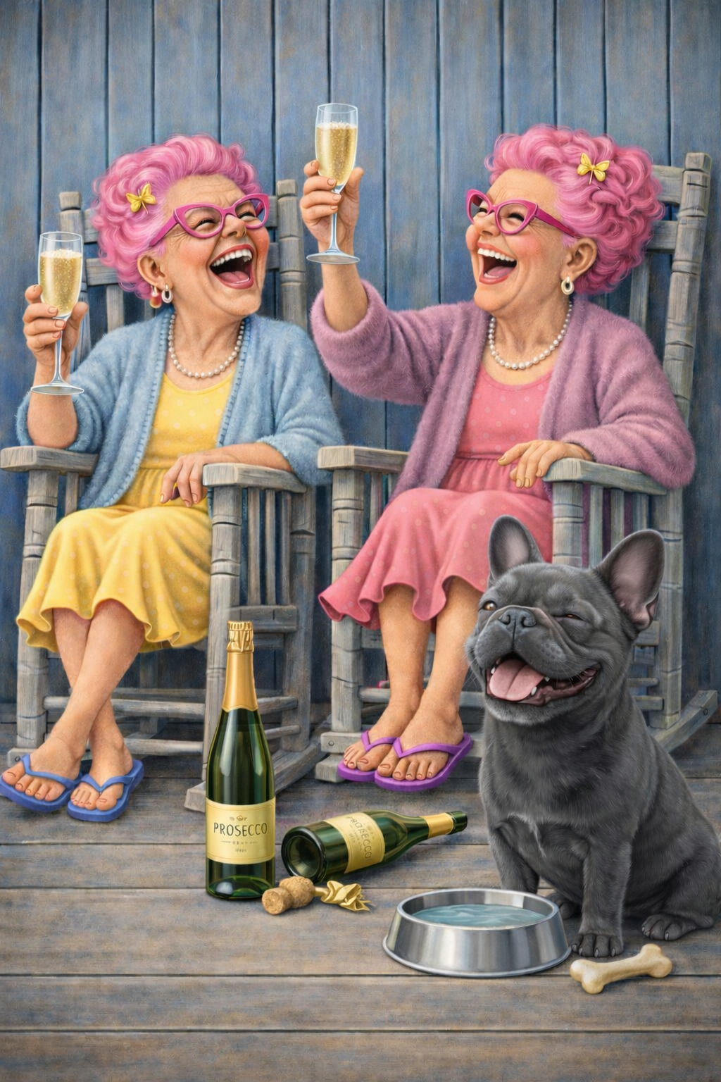 Funny Dog Print – Prosecco Grannies & Dog | Humorous Pet Artwork | Gift for Dog Lover | A3 Wall Art