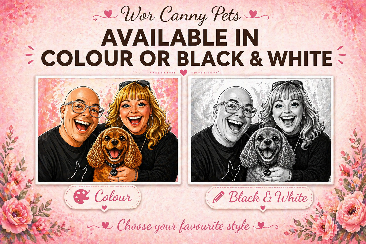 Personalised Cartoon Avatar Portrait | Couple & Pet Illustration from Photo | Funny Custom Pet Portrait | Unique Gift Idea | A3 Print