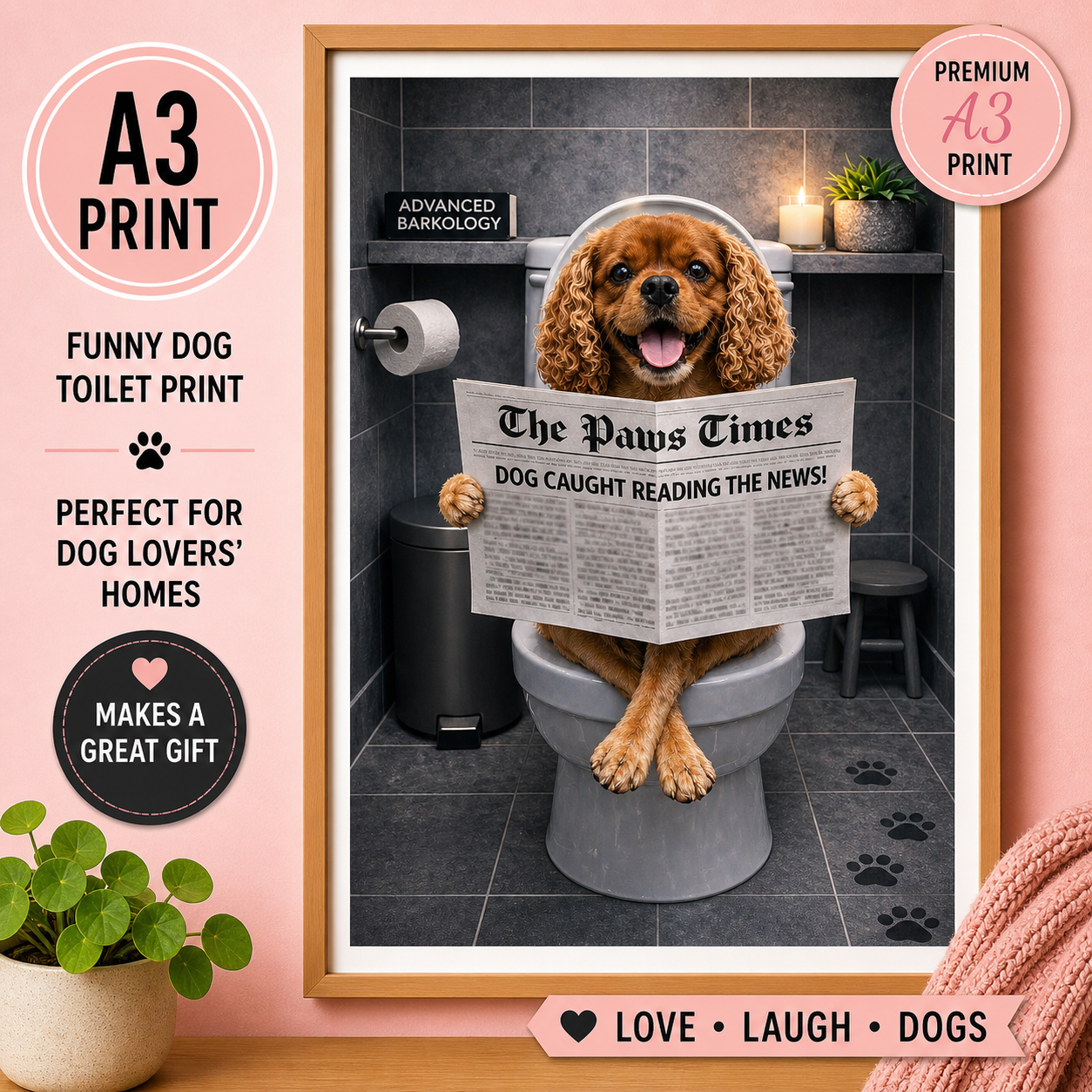 Funny Dog Toilet Print – A3 Bathroom Wall Art – Gift for Dog Lovers
