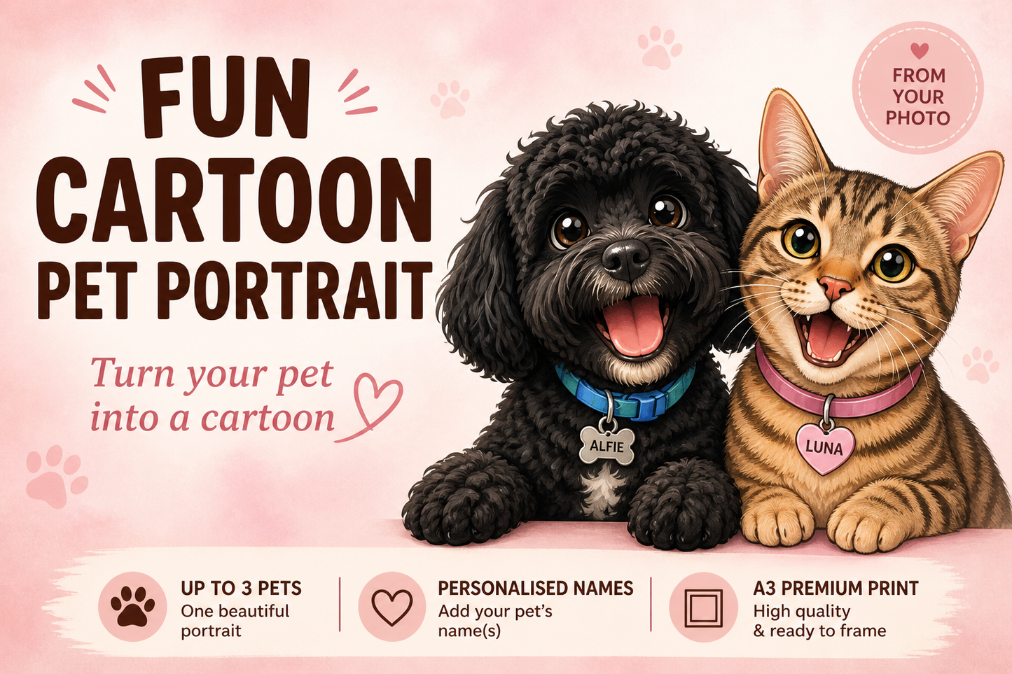 Cartoon Pet Portrait from Photo | Funny Dog Caricature Print | Personalised Pet Gift | Custom Dog Portrait | A3 Wall Art Gift