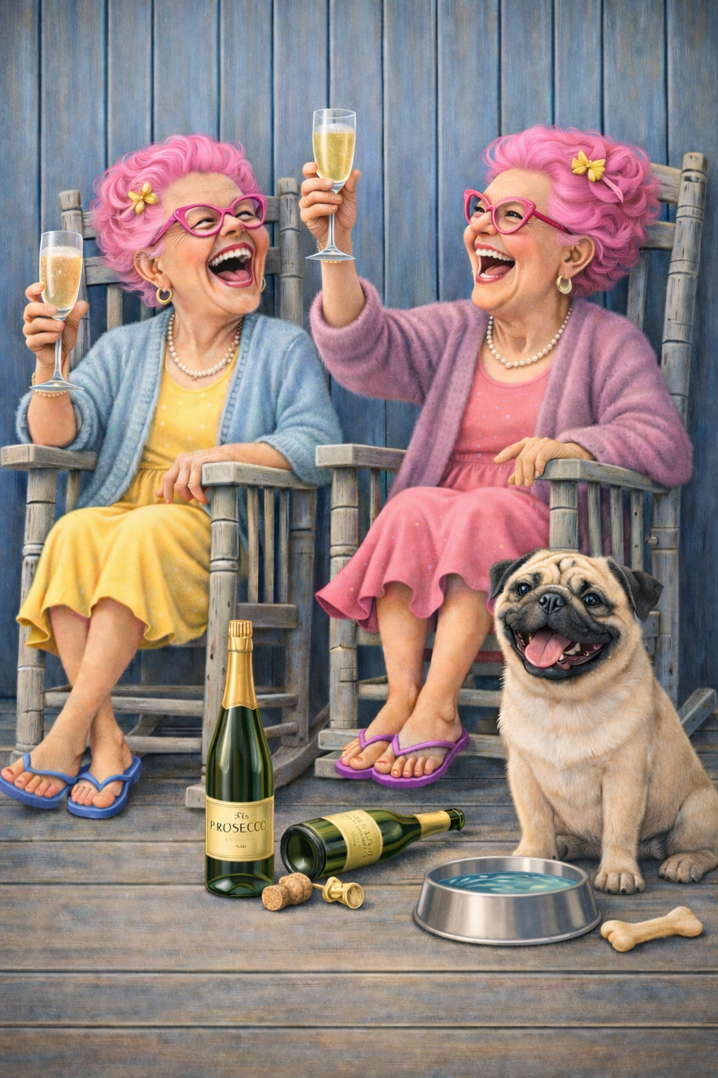 Funny Dog Print – Prosecco Grannies & Dog | Humorous Pet Artwork | Gift for Dog Lover | A3 Wall Art